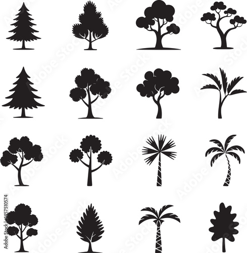 Various variant Tree silhouette set vector illustration isolated On Transparent Background