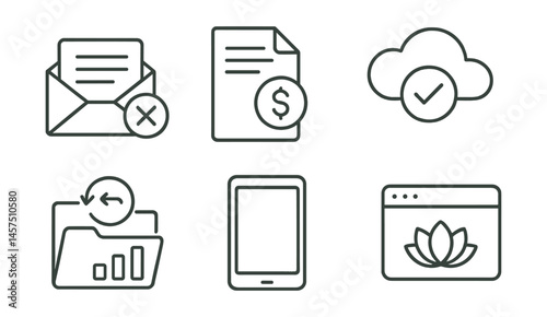 Line style icons of digital zero waste: unsubscribe list, paperless bill, cloud tidy, storage limit icon, backup sort, screen-free guide, mindful inbox, minimal tool bar.