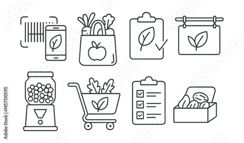 Line style icons of grocery shopping for vegans: label scan icon, fresh produce bag, ingredient check, vegan section sign, bulk refill container, cart with greens, checklist icon, nut box.