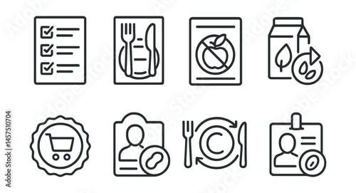 Line style icons of food allergy plans: dietary restrictions list, meal prep sheet, allergen-free recipe card, substitute guide, safe brands icon, meal rotation plan, shopping badge, allergy ID.