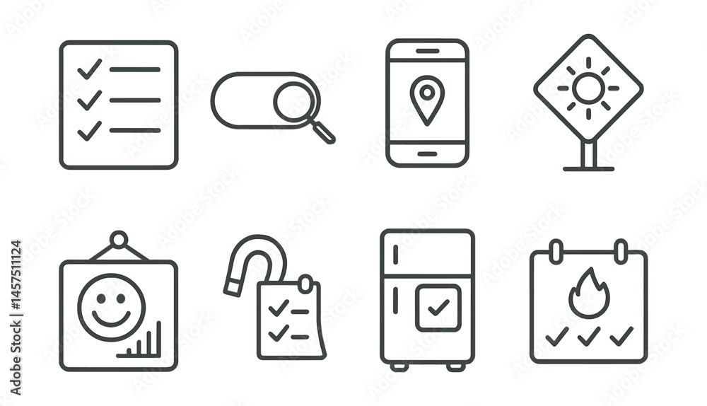 Line style icons of routine energy checkpoints: daily checklist, switch audit tool, device tracker, midday tip sign, room energy score, checklist magnet, fridge checklist card, weekly streak log. Line style icons of routine energy checkpoints: daily checklist, switch audit tool, device tracker, midday tip sign, room energy score, checklist magnet, fridge checklist card, weekly streak log.