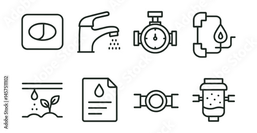 Line style icons of water-smart plumbing: dual flush button, aerated tap, water timer valve, greywater reuse line, drip irrigation icon, water budget sheet, pipe seal icon, reuse filter.
