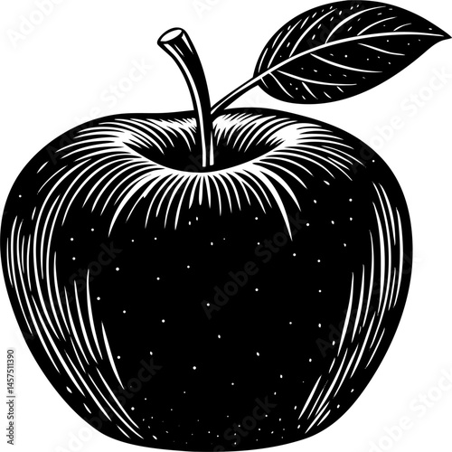 The image is a black and white illustration of an apple with a stem and a leaf, depicted in a woodcut or engraved style.