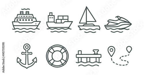 Line style icons of sea and water transport: ferry boat, cargo ship, yacht, jet ski, anchor icon, lifebuoy, marina dock, ocean route.