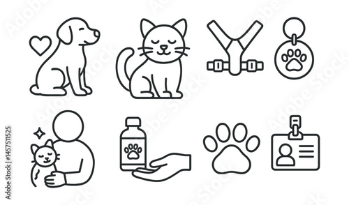 Line style icons of emotional support animals: emotional dog, therapy cat, pet harness, animal ID tag, calming presence, care routine, paw print, handler badge.