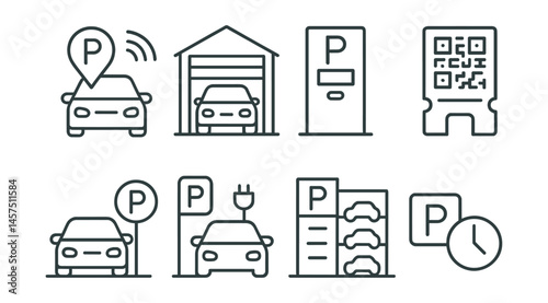 Line style icons of parking systems: smart parking, garage gate, pay station, QR ticket, reserved spot, EV charging bay, multi-level icon, parking time.