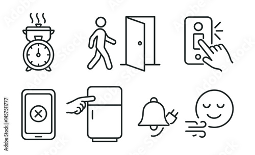 Line style icons of daily micro-habits: short boil timer, room check walk, door close push, LED switch flick, screen-off hour, fridge check tap, unplug bell, air-check emoji.