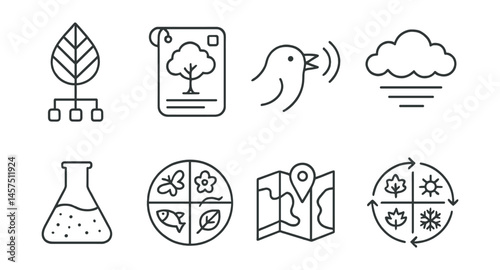 Line style icons of nature literacy: leaf structure chart, tree ID flashcard, bird call tracker, cloud type sketch, soil test symbol, biodiversity wheel, native map overlay, season change circle.
