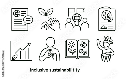 Line style icons of inclusive sustainability: language-access eco flyer, tactile learning tool, group translation board, visual eco menu, simplified green chart, sign-support icon, accessible