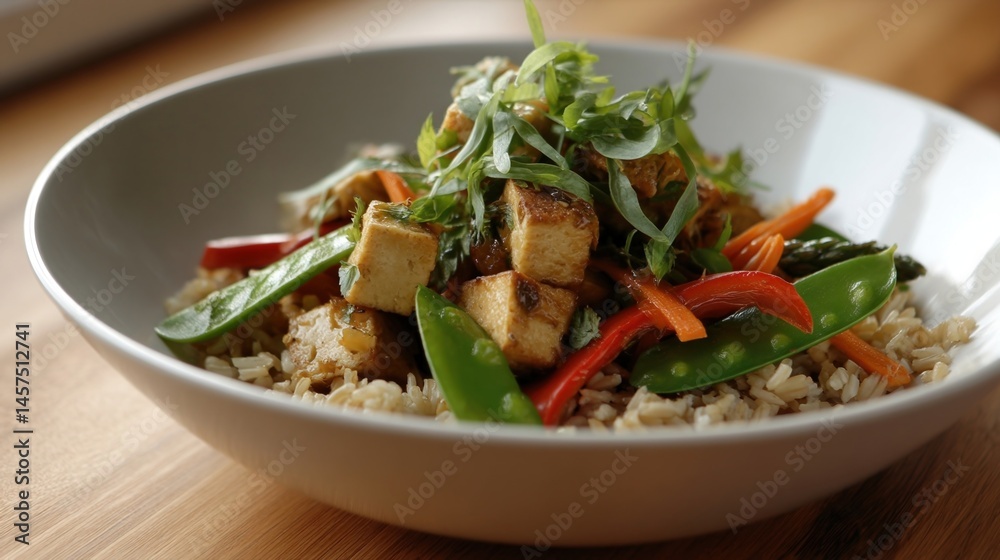 Garnishing a healthy and colorful vegan meal of pan fried tofu, brown rice and mixed vegetables like snow peas, sliced carrots, red bell peppers and asparagus with fresh tarragon leaves