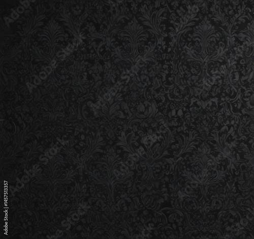 Deep black gothic damask wallpaper, rich texture , intricate, vintage