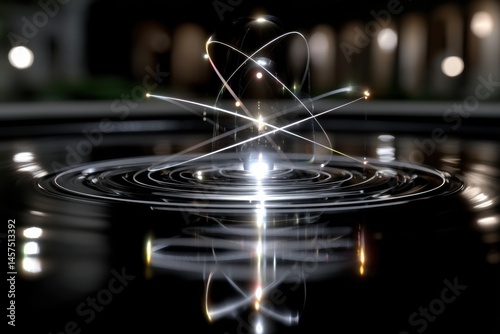 Surreal abstract composition illustrating luminous threads radiating outward on a tranquil surface, reflecting the complex interplay of light and water in an artistic environment.