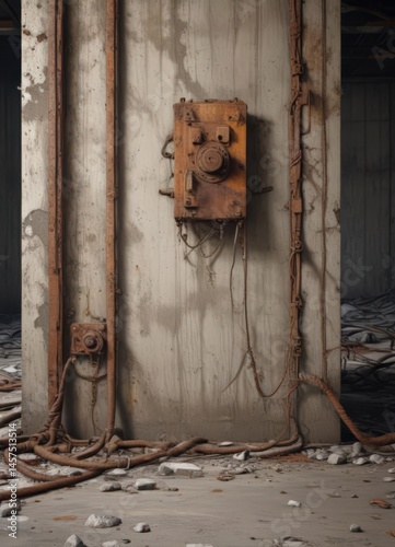 Crumbling concrete, exposed wiring, rusted machinery in disuse ,  derelict factory,  debris,  desolation