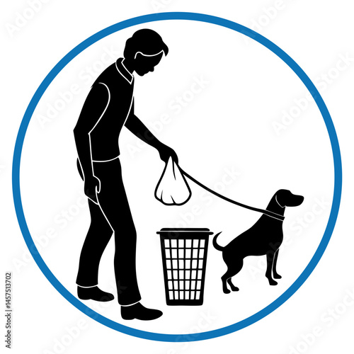 Person with dog on leash standing next to trash bin, holding poop bag, responsible pet ownership