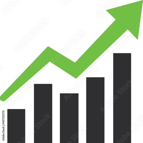 Graph chart with green upward arrow representing financial growth business success positive performance increasing trend stock market improvement or economic progress