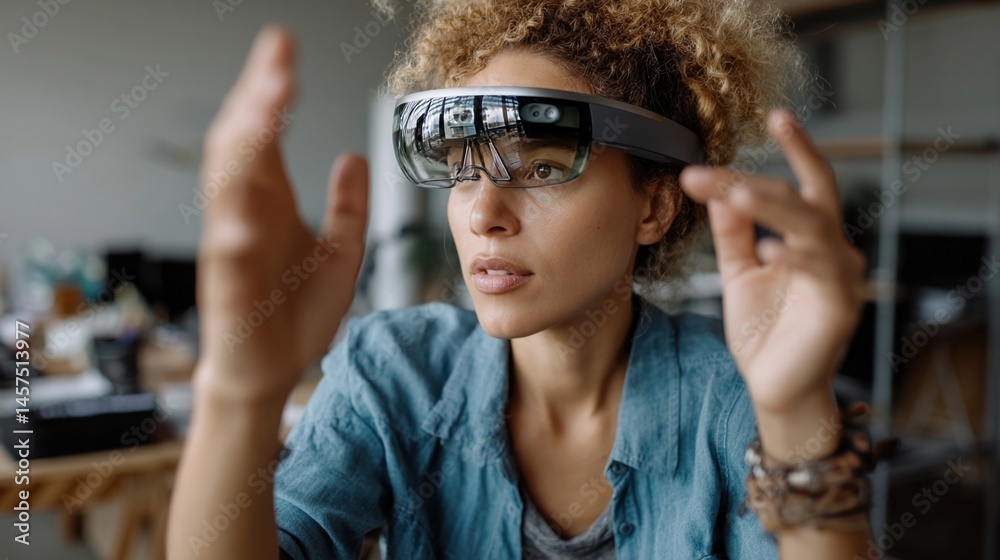 A female engineer in a casual setting interacts with augmented reality glasses gesturing with her hands as digital information overlays her view of the workspace.