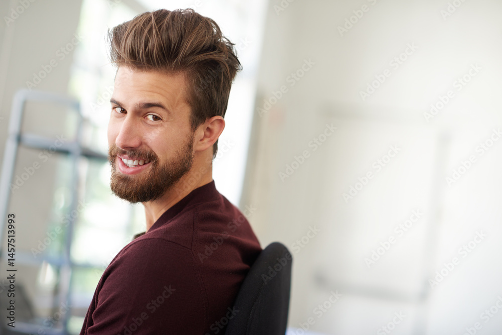 Man, portrait and smile for professional agency in startup with graphic designer in new york modern office space. Cool, businessman and small business with confidence, happiness and creative employee Man, portrait and smile for professional agency in startup with graphic designer in new york modern office space. Cool, businessman and small business with confidence, happiness and creative employee