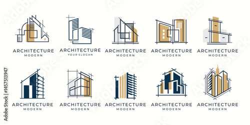 Collection of building architecture logo design with color branding vector illustration.