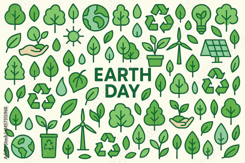 Vector illustration for Earth Day celebration, filled with eco symbols like trees, recycling, water, green energy, and nature protection. Seamless geometric pattern, clean green palette.