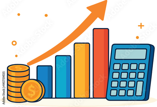 Vector illustration of financial growth with bar charts, coins, calculator, and upward arrows. Bright flat design for finance and business content
