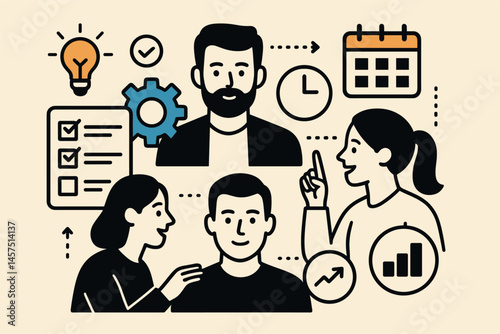 Vector illustration of team collaboration and project management with shared tasks, deadlines, and productivity icons. Clean flat visuals with bold contrast