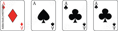"Set of four playing cards with Ace of Diamonds, Ace of Spades, Ace of Clubs, and Ace of Hearts, representing cards, gambling, and games."

