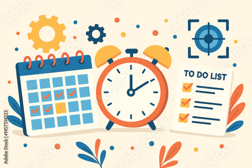 Vector illustration of time management with calendar, alarm clock, to-do list, and focus icons. Efficient and colorful flat vector concept
