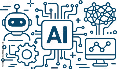Vector illustration of AI and automation with chatbot, gear, neural network, and machine learning icons. Futuristic flat design, clean and smart
