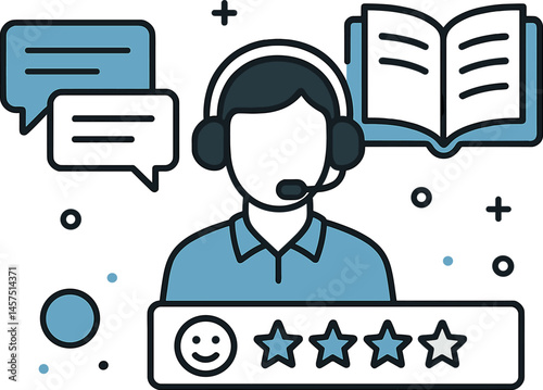Vector illustration of online customer support with chat box, headset, knowledge base, and satisfaction rating. Clean and accessible flat style