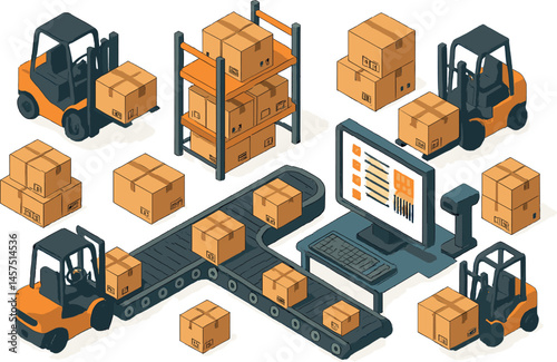 Vector illustration in isometric style of warehouse logistics with shipping boxes, inventory management, conveyor belts, and forklifts