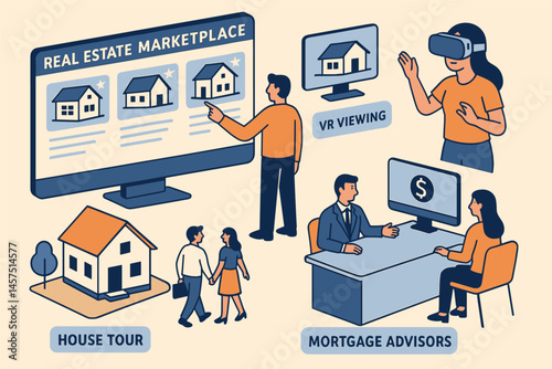 Vector illustration in isometric style of real estate marketplace with property listings, house tours, VR viewing, and mortgage advisors