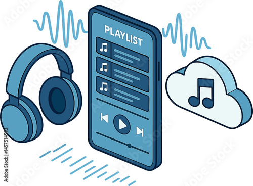 Vector illustration in isometric style of music streaming service with digital playlists, headphones, sound waves, and cloud library