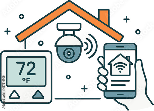 Vector illustration in outline + fill style of smart home features like thermostat, security camera, and mobile control