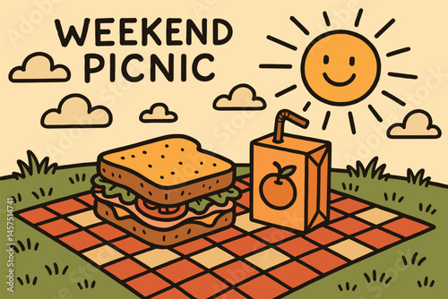 Vector illustration in hand-drawn style of weekend picnic with sandwich, juice box, checkered blanket, and sunshine