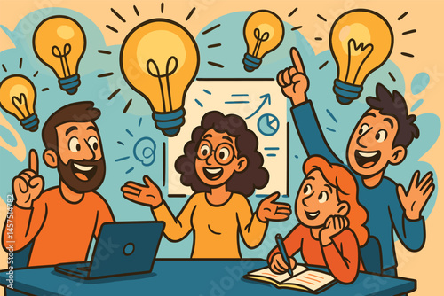 Vector illustration in cartoon style of tech startup team brainstorming with exaggerated ideas and light bulbs