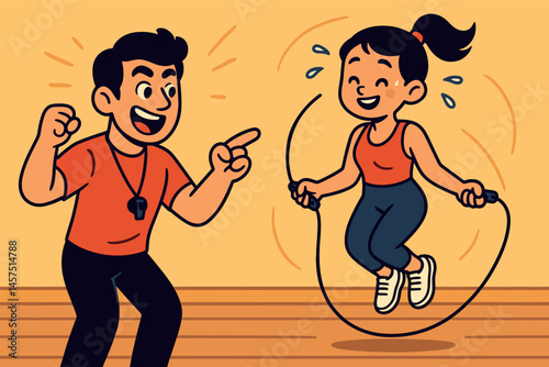 Vector illustration in cartoon style of energetic workout scene with animated coach, jumping rope, and sweat drops