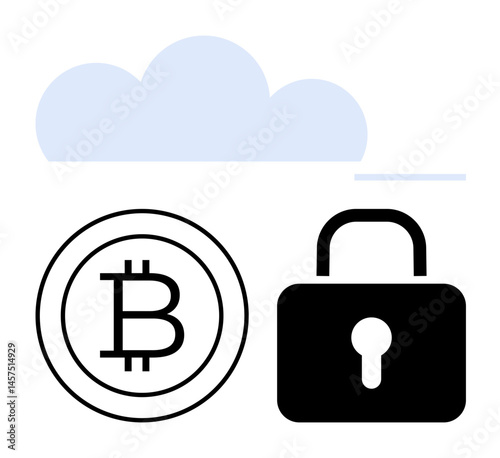 Bitcoin coin, padlock, and cloud represent cryptocurrency security with blockchain, encryption, and data privacy. Ideal for finance, blockchain, cybersecurity, cloud fintech technology innovation