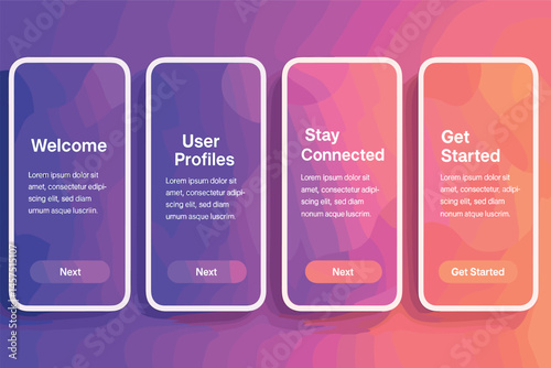 Vector illustration in gradient style of mobile app onboarding screens with smooth lighting transitions, abstract shapes, and fluid buttons