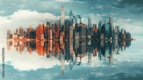 An urban city landscape sits atop an upside down reflection. [Graviton Cities] | Inverted Metropolis | upside city. Illustration