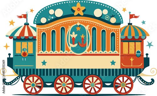 A whimsical and colorful illustration of a vintage circus train car. The train car features ornate details, striped awnings, stars, and a playful design, evoking a sense of fun and entertainment.