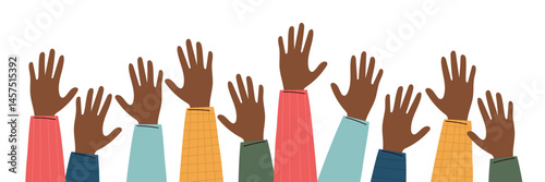 Hands raised up. Colorful silhouettes of diverse people including Black individuals. Cartoon style illustration of voting, unity, support, and equality. Isolated on white background.