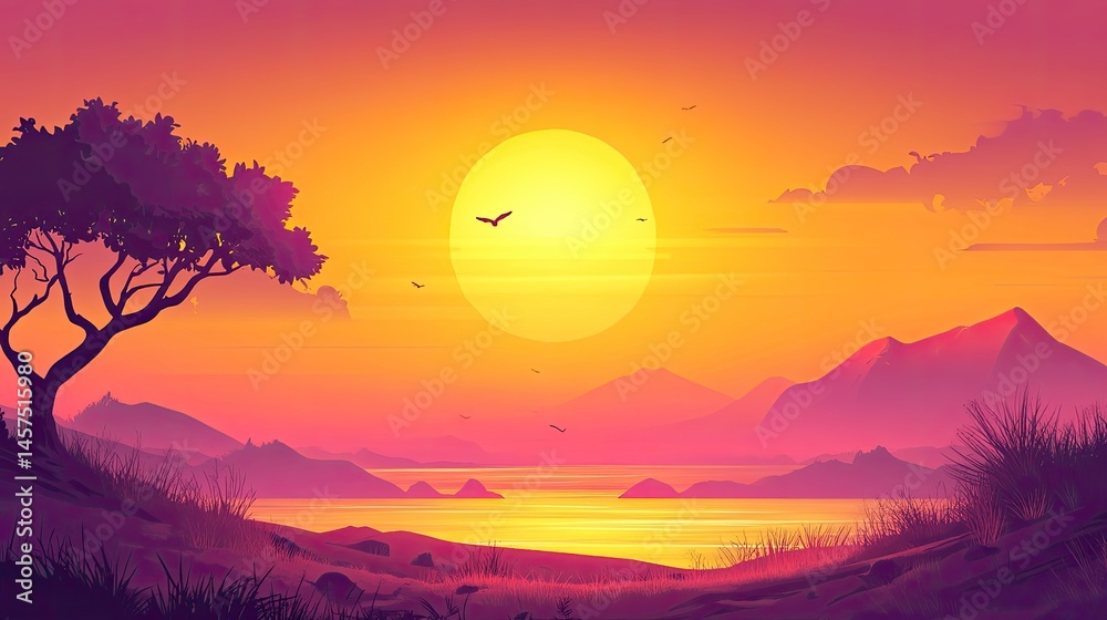 Fototapeta premium Golden Sunset Over Tranquil Lake With Silhouette Tree And Birds, Vector Illustration.