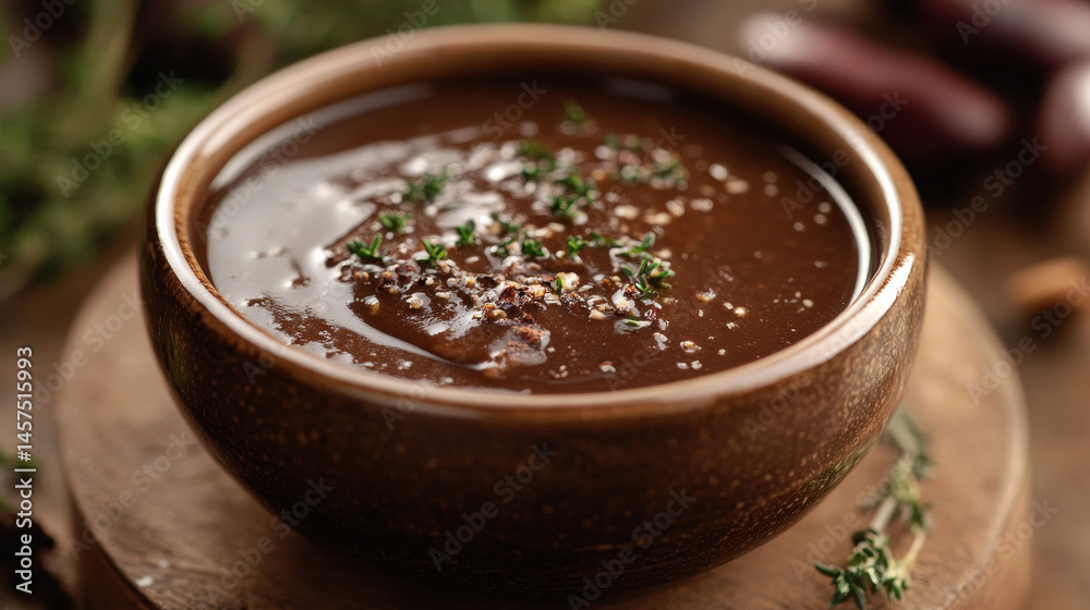 Rich, savory gravy displayed in a close-up shot Rich, savory gravy displayed in a close-up shot