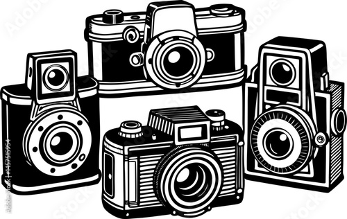 A black and white illustration showcases a collection of four vintage cameras with different styles and lenses.