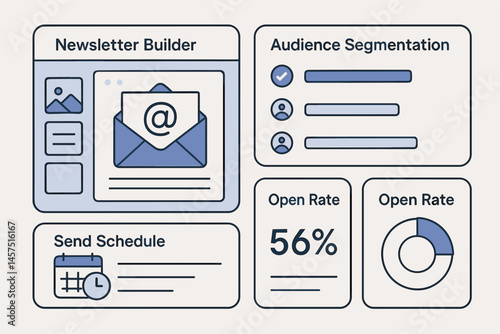 Vector illustration of email marketing SaaS UI with newsletter builder, audience segmentation, send schedule, and open rate stats