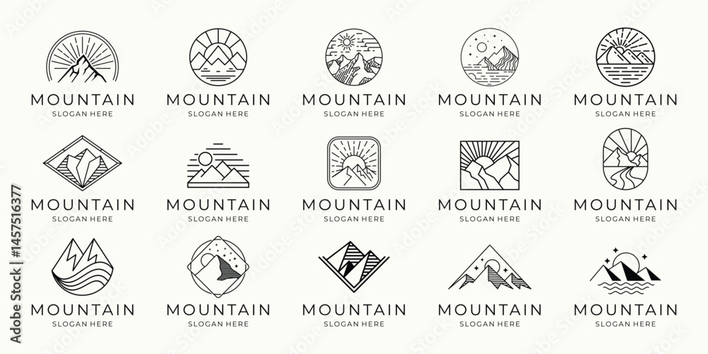 Fototapeta premium Set of mountain logo. geometry line, mono line mountain concept. Vector illustration