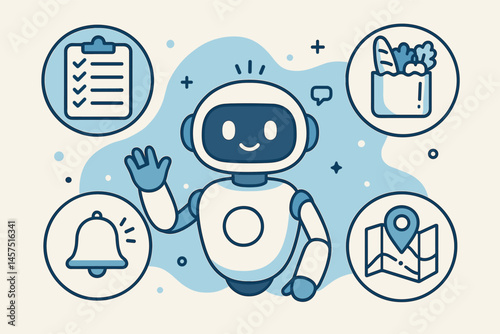 Vector illustration of AI assistant for daily life logistics: to-do list planning, grocery suggestions, smart reminders, and route optimization