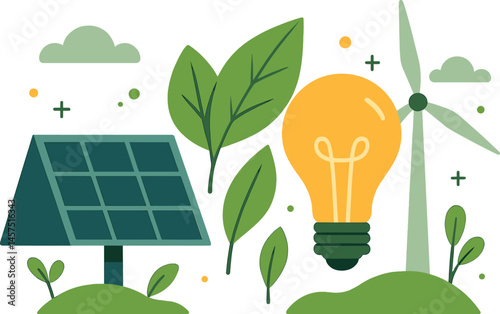 Vector illustration of sustainability and energy-saving solutions with solar panel, light bulb, leaf, and wind turbine. Eco-friendly flat visuals
