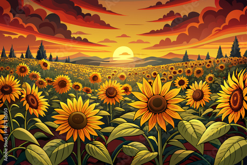 summer landscape with golden sunset light casting a warm glow over a vibrant sunflower field in full bloom. Ideal for seasonal nature themes, countryside beauty, floral backgrounds, and agricultural 