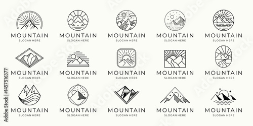Set of mountain logo. geometry line, mono line mountain concept. Vector illustration